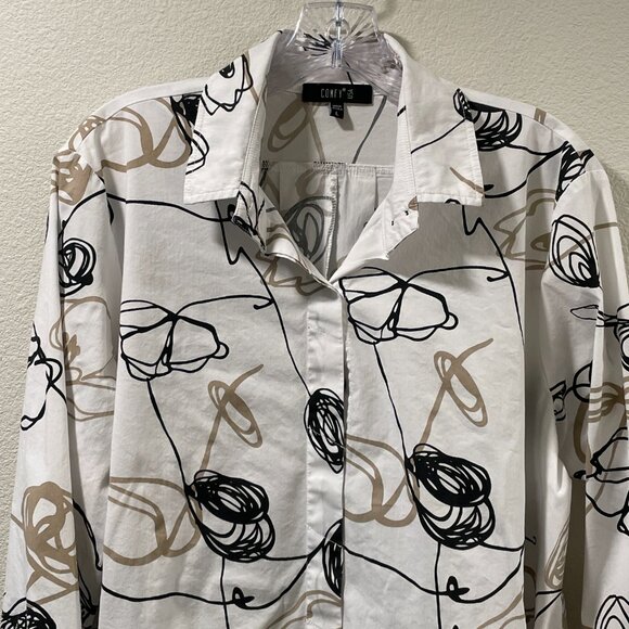 COMFY USA Tunic/Mini Dress Button Up Long Slve Abstract Floral White/Black/Tan L - Picture 5 of 13